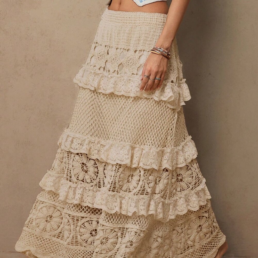 Apricot Casual Women's Lace Trim Knit Skirt - Picture 3 of 7